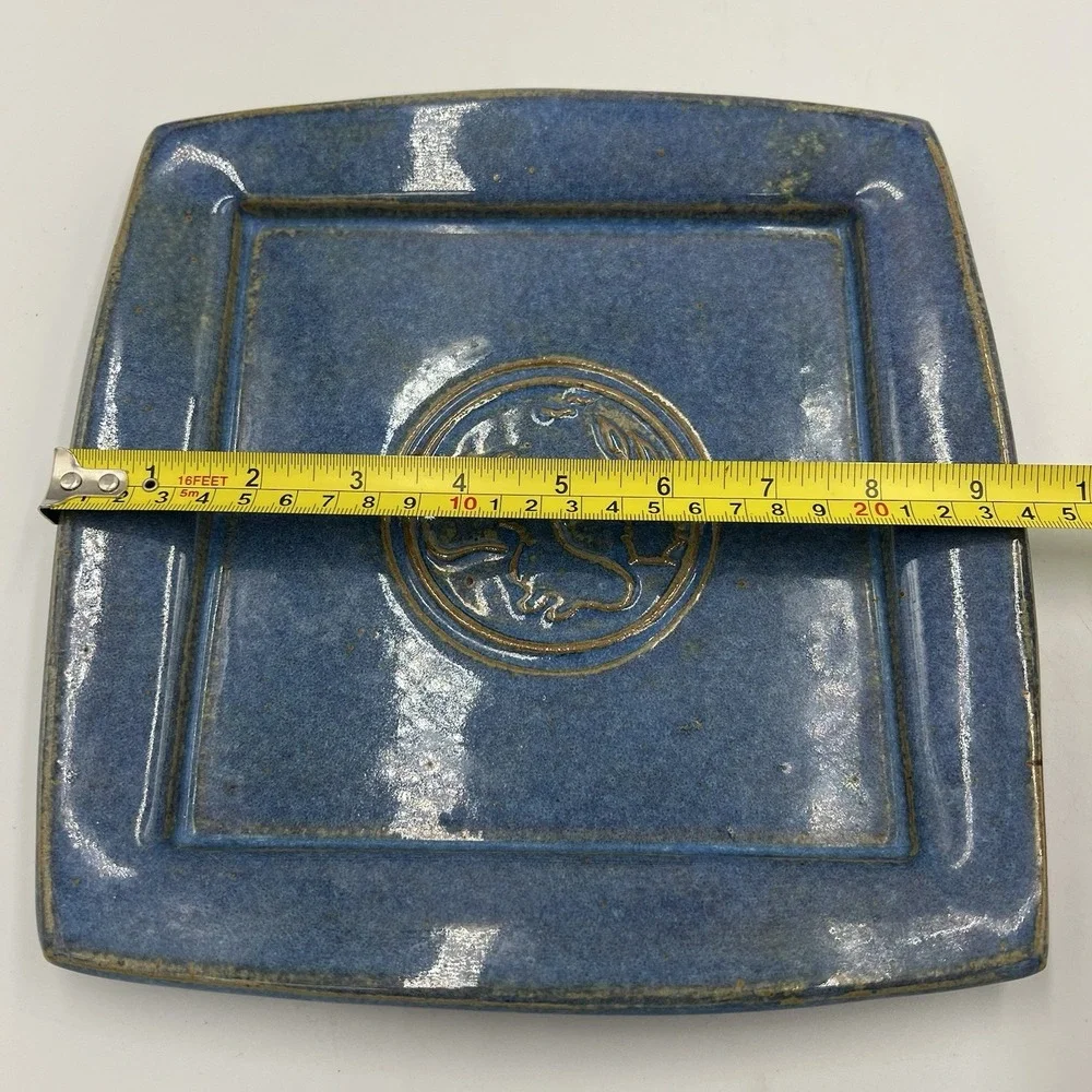 Studio Pottery Plate Signed Ceramic Fox & Birds Blue‎ Glaze 8.5
